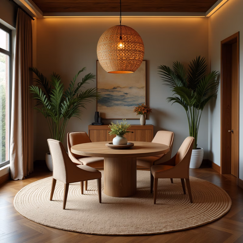 Tapete redondo delimitando a sala de jantar com elegância.