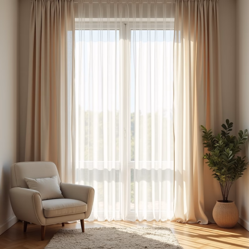 Floor-to-ceiling curtains in a bright, airy double-height living room, sheer fabric, natural light, Cortinas do chão ao teto em sala de pé direito duplo.