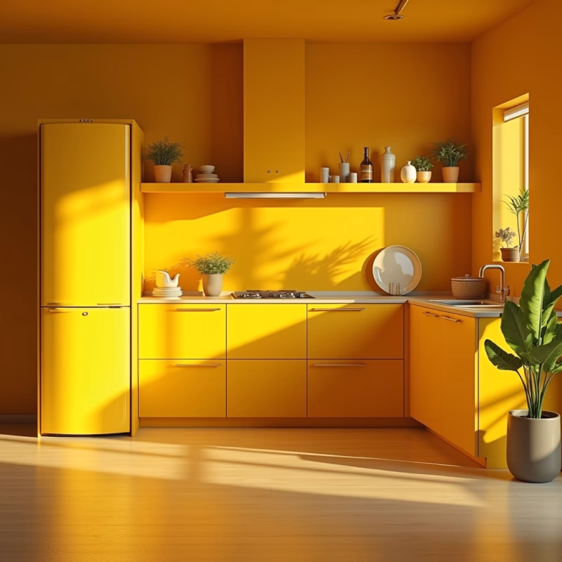 Illuminated yellow kitchen, warm light, Brazilian decor, natural light, 8K quality, professional Cozinha amarela iluminada com luz quente e decoração brasileira.