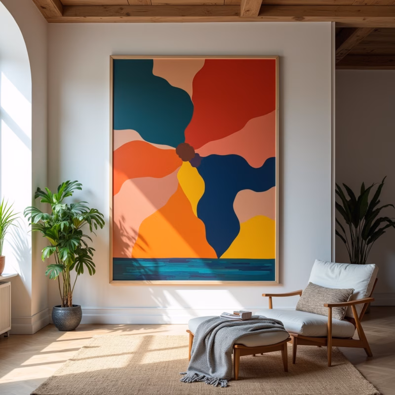Large artwork on high ceiling wall, modern Brazilian art, vibrant colors, gallery wall, natural Quadros grandes em parede de sala com pé direito duplo.