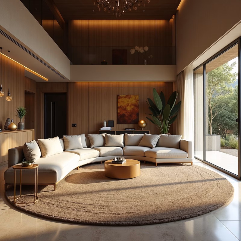 Tapete redondo grande em sala ampla com todos os móveis.