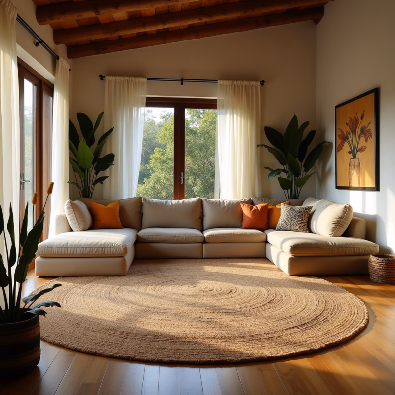 Sala de estar com tapete redondo, design brasileiro e iluminação natural.