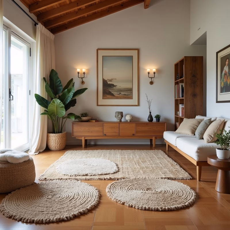 Tapetes redondos em sala retangular criando diferentes zonas.