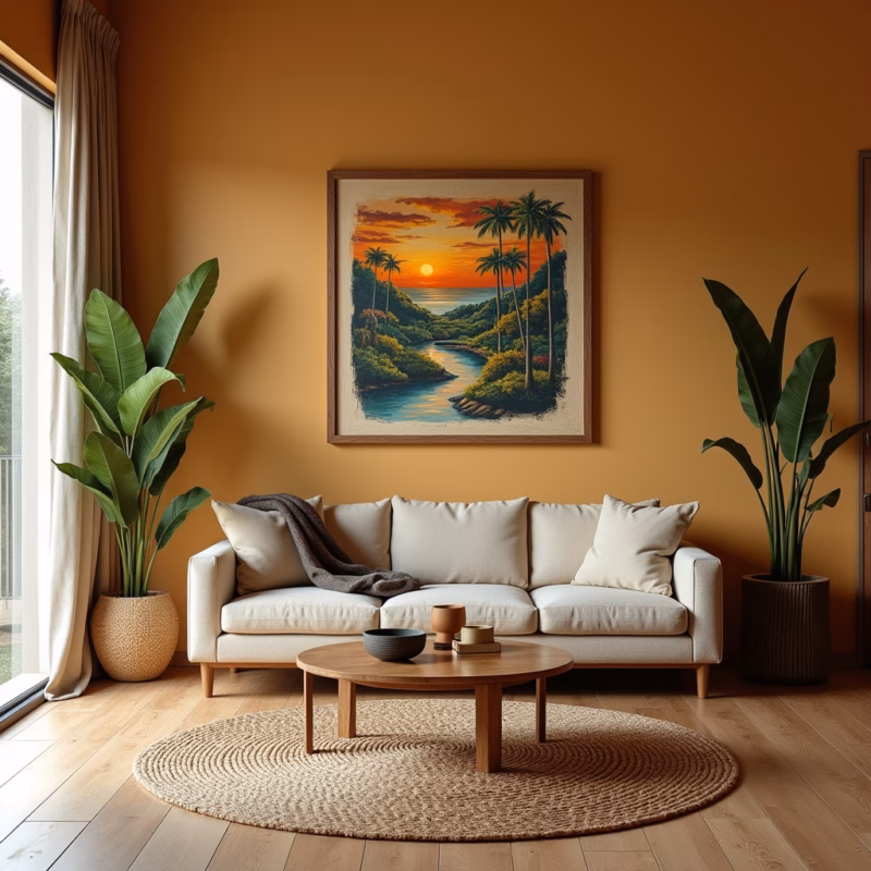 Tapete redondo médio em sala de estar com sofá.