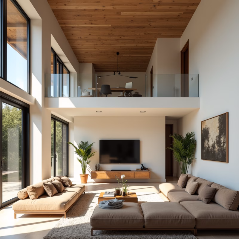 Mezzanine in high ceiling living room, home office, Brazilian design, natural light, modern Mezanino em sala com pé direito duplo.