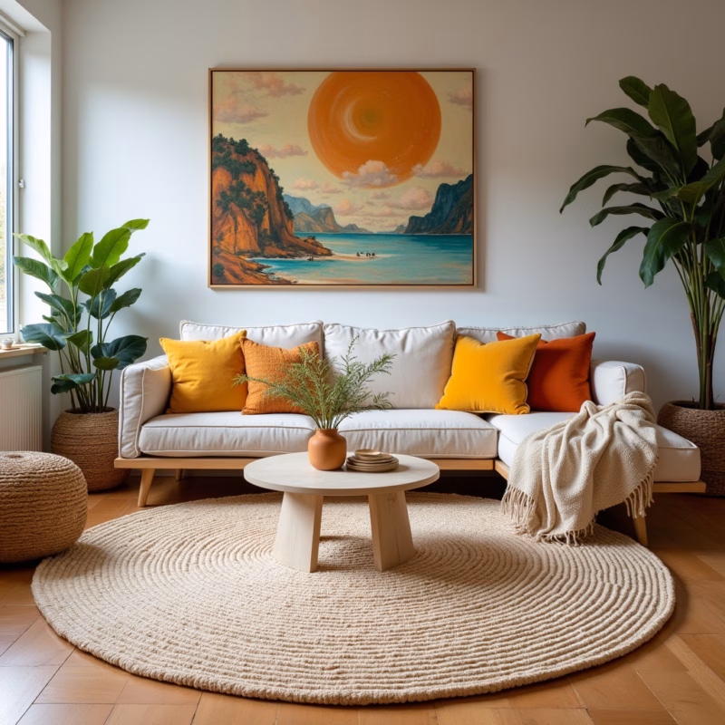 Tapete redondo neutro em sala colorida.