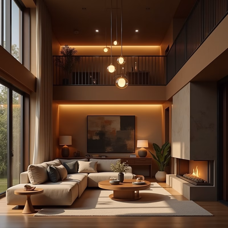 Pendant lighting illuminating a double-height living room, Brazilian design, cozy atmosphere, warm Iluminação pendente em sala de pé direito duplo.