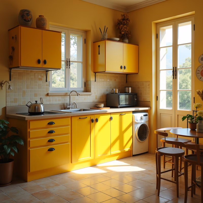 Retro yellow kitchen, vintage style, Brazilian decor, natural light, 8K quality, professional Cozinha amarela estilo retrô com decoração vintage brasileira.