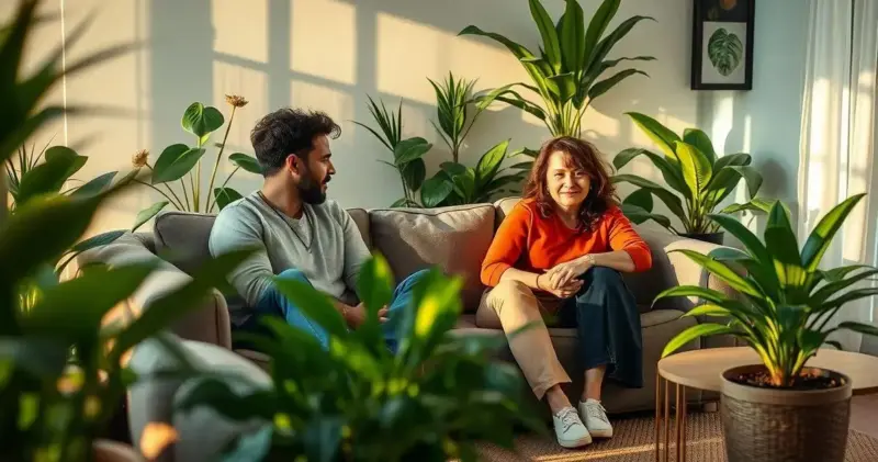 sala de estar com plantas artificiais
