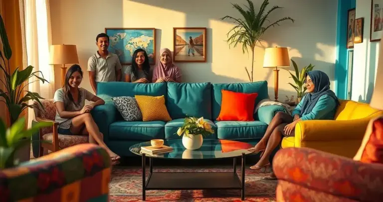 sala de estar com sofá colorido