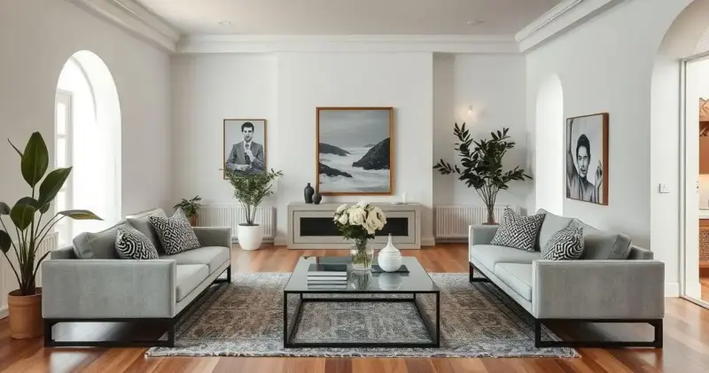 sala de estar preta e branca