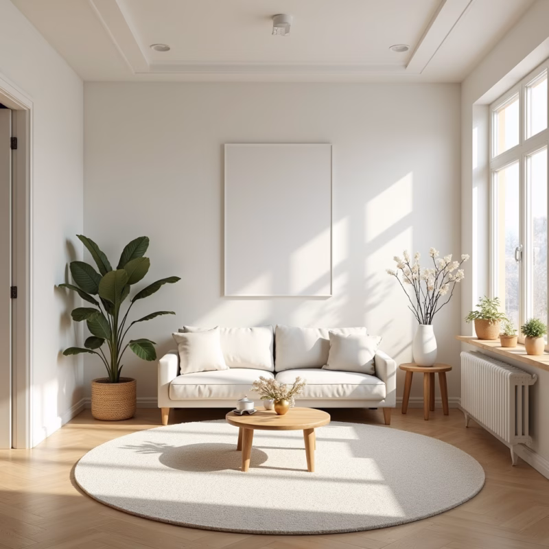 Tapete redondo ampliando uma sala pequena.