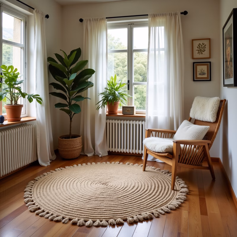 Tapete redondo pequeno em um canto de leitura aconchegante.
