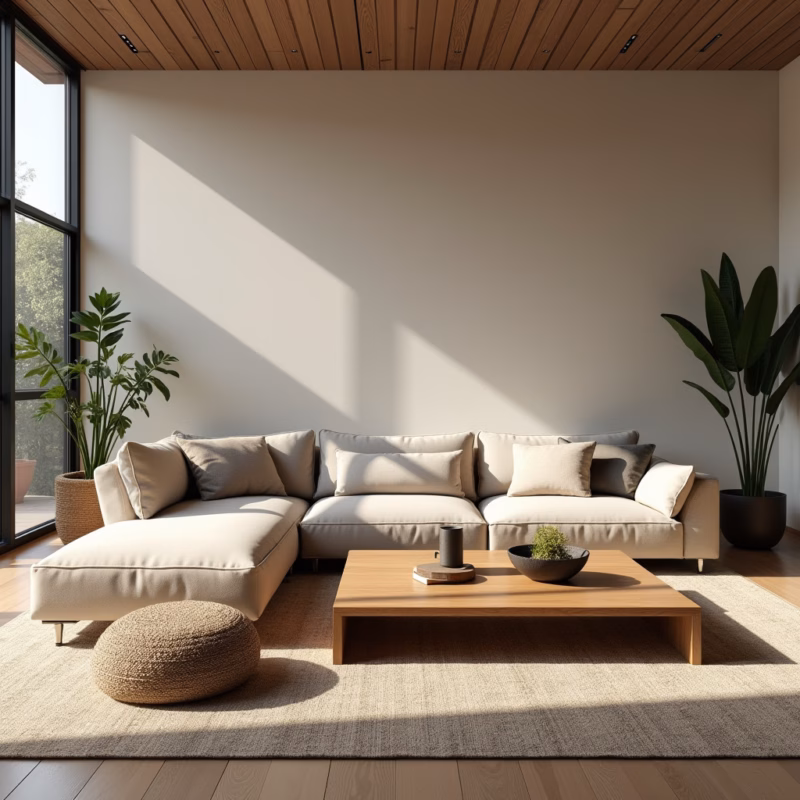 Spacious sofa in high ceiling living room, Brazilian design, large coffee table, natural light, Sofá espaçoso em sala com pé direito duplo.