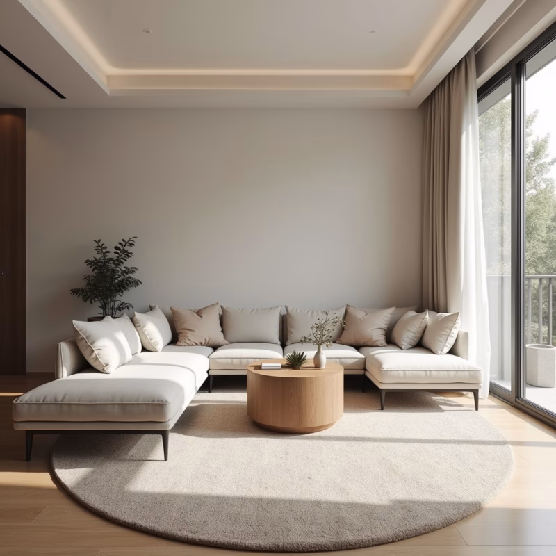 Tapete redondo em sala quadrada suavizando os ângulos.