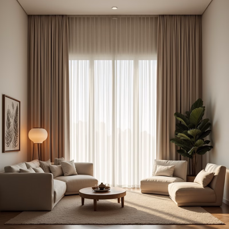 Tall curtains in high ceiling living room, linen fabric, natural light, elegant design, Brazilian Cortinas de linho em sala com pé direito duplo.