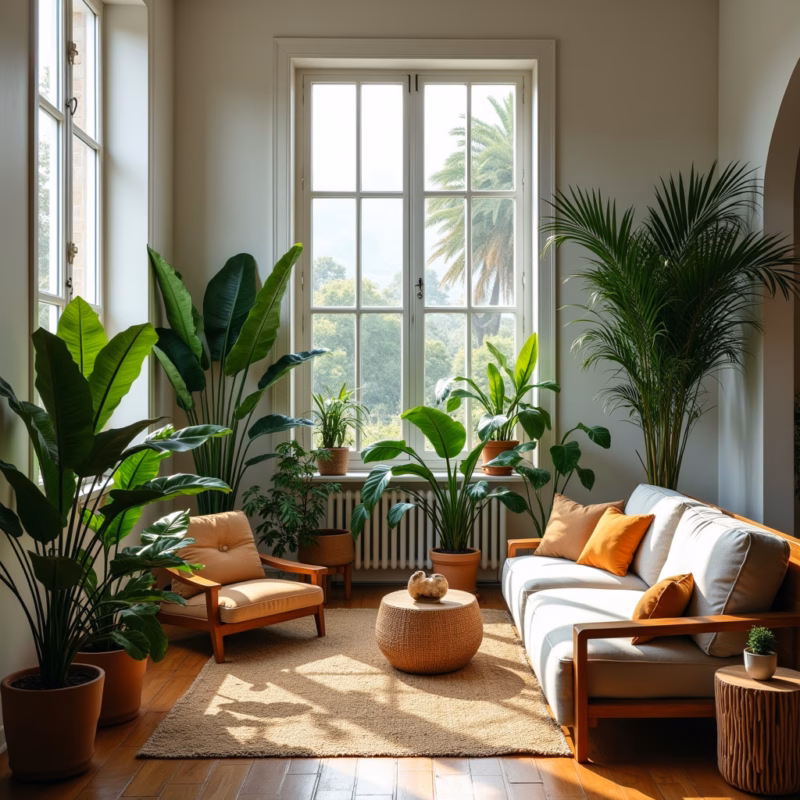 Tall plants in high ceiling living room, ficus tree, large pots, natural light, vibrant colors, Plantas altas em sala com pé direito duplo.