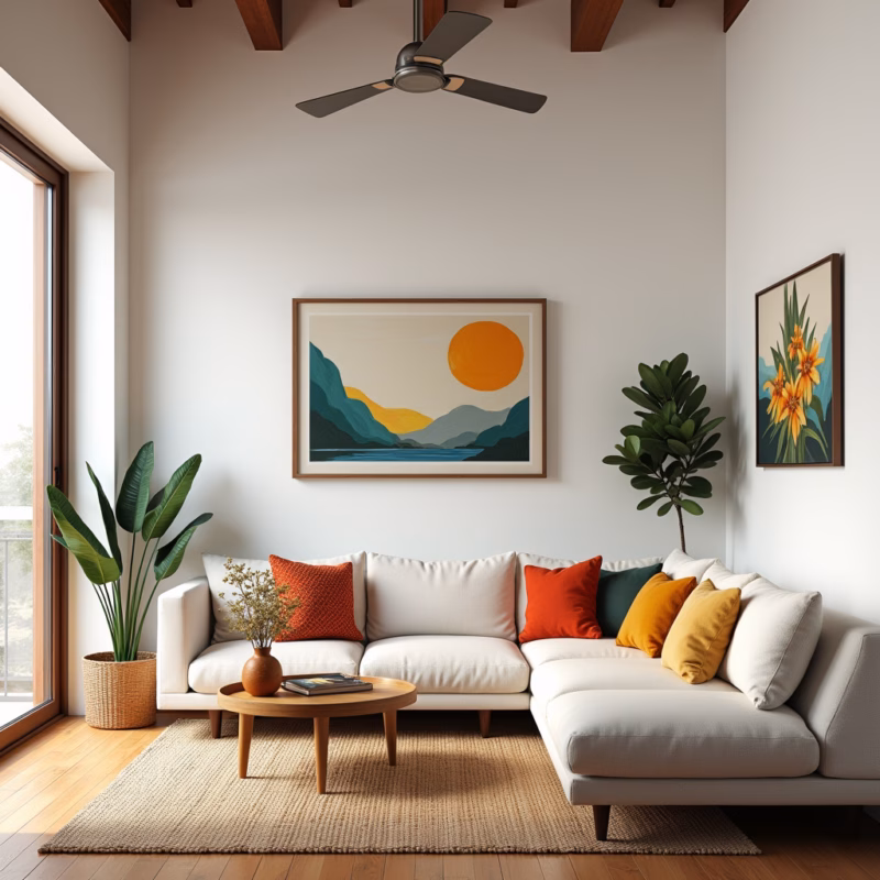 White walls in high ceiling living room, colorful decor, Brazilian design, natural light, vibrant Cores claras em sala com pé direito duplo.