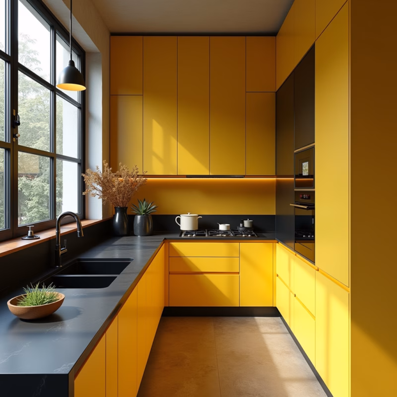 Yellow and black kitchen, bold design, Brazilian style, natural light, 8K quality, professional Cozinha amarela e preta com design ousado e estilo brasileiro.