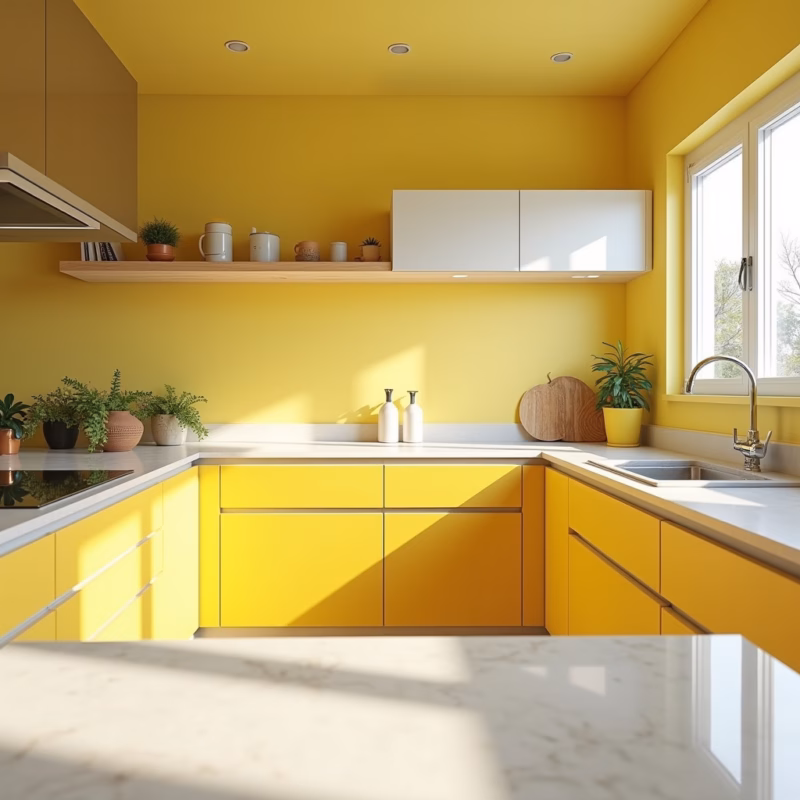 Yellow and white kitchen, bright, Brazilian decor, natural light, 8K quality, professional Cozinha amarela e branca, clara e iluminada com decoração brasileira.