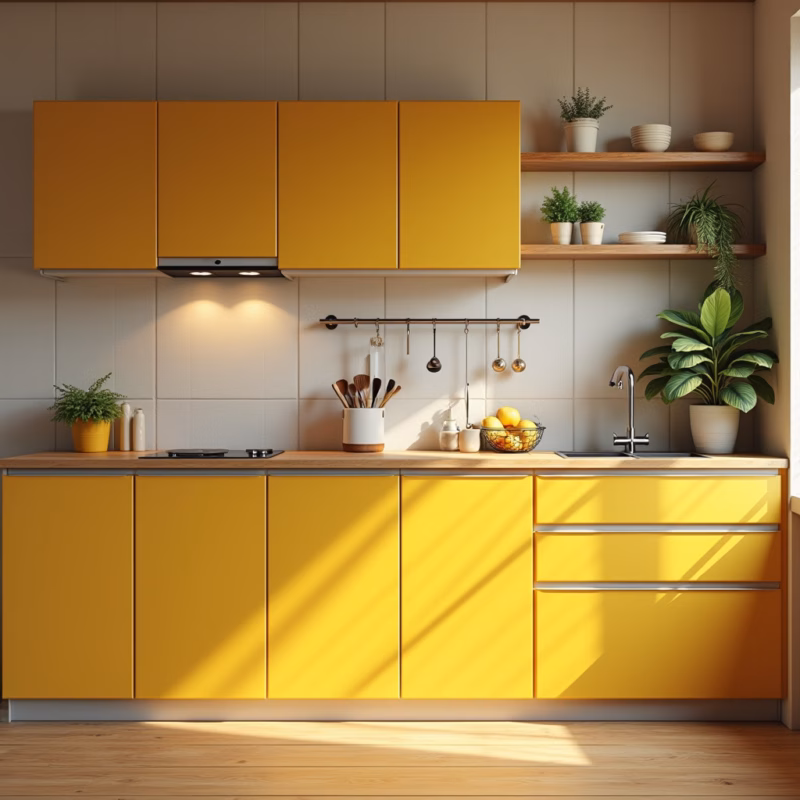 Yellow kitchen cabinets, mustard tone, wood countertop, Brazilian style, natural light, 8K quality, Armários de cozinha amarelos em tom mostarda com bancada de madeira.