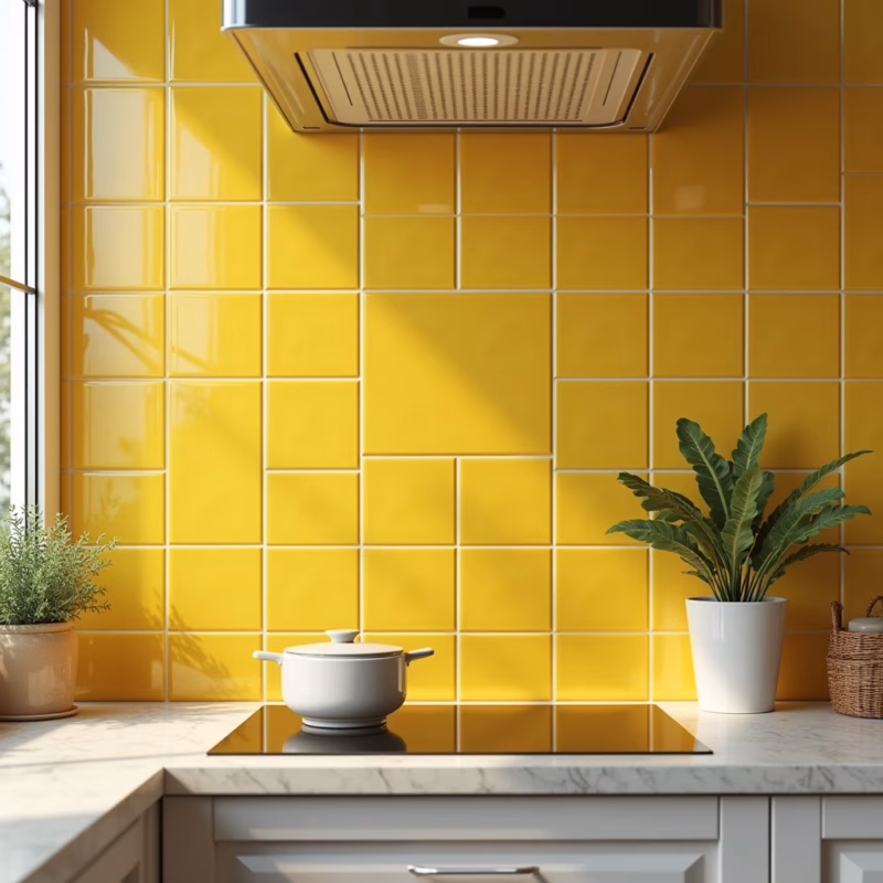 Yellow tile backsplash, kitchen details, Brazilian decor, natural light, 8K quality, professional Backsplash de pastilhas amarelas em cozinha com decoração brasileira.