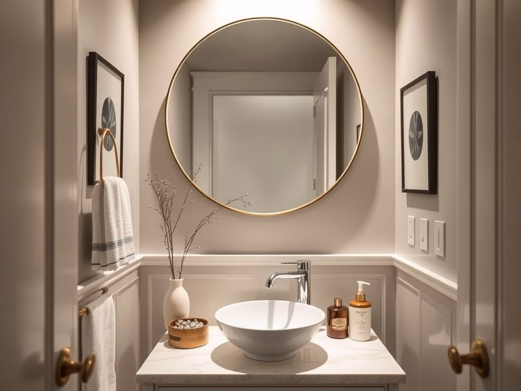Um lavabo pequeno e bem decorado com estética moderna, destacando uma bancada elegante, um lavatório de cuba e iluminação suave.