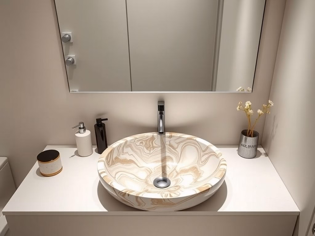 Um banheiro elegante com uma cuba de cimento marmorato feita em casa, destacando os padrões únicos e a atmosfera luxuosa.