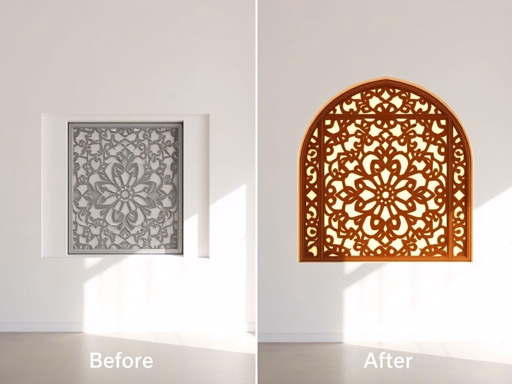 Imagem comparativa mostrando a transformação de uma parede simples em um destaque visual com a adição de um painel de muxarabi.