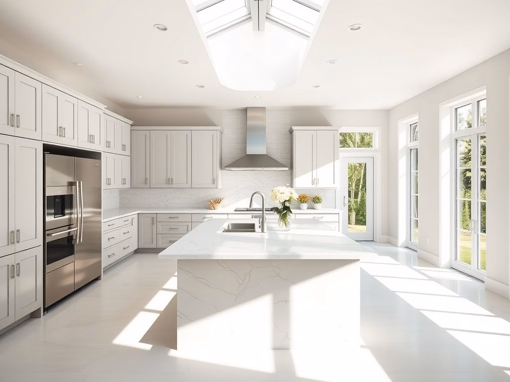 Cozinha moderna com ilha central e bancada de mármore Calacatta branco.