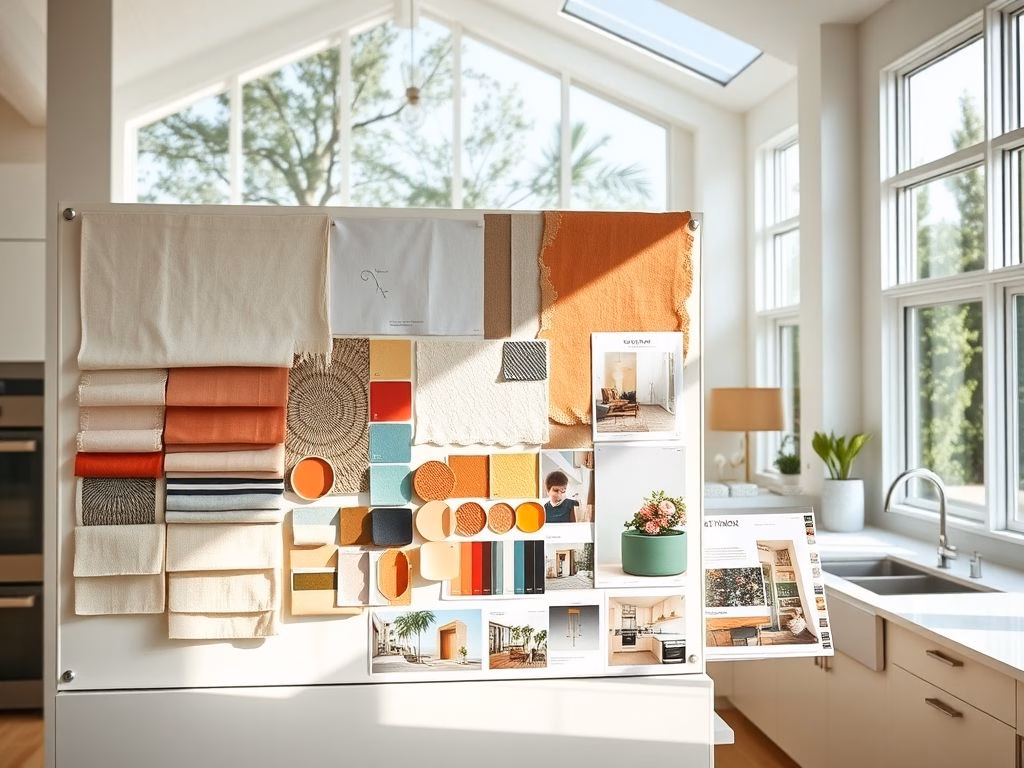 Painel de inspiração para decoração de cozinha econômica, mostrando amostras de tecidos, cores e ideias de design.