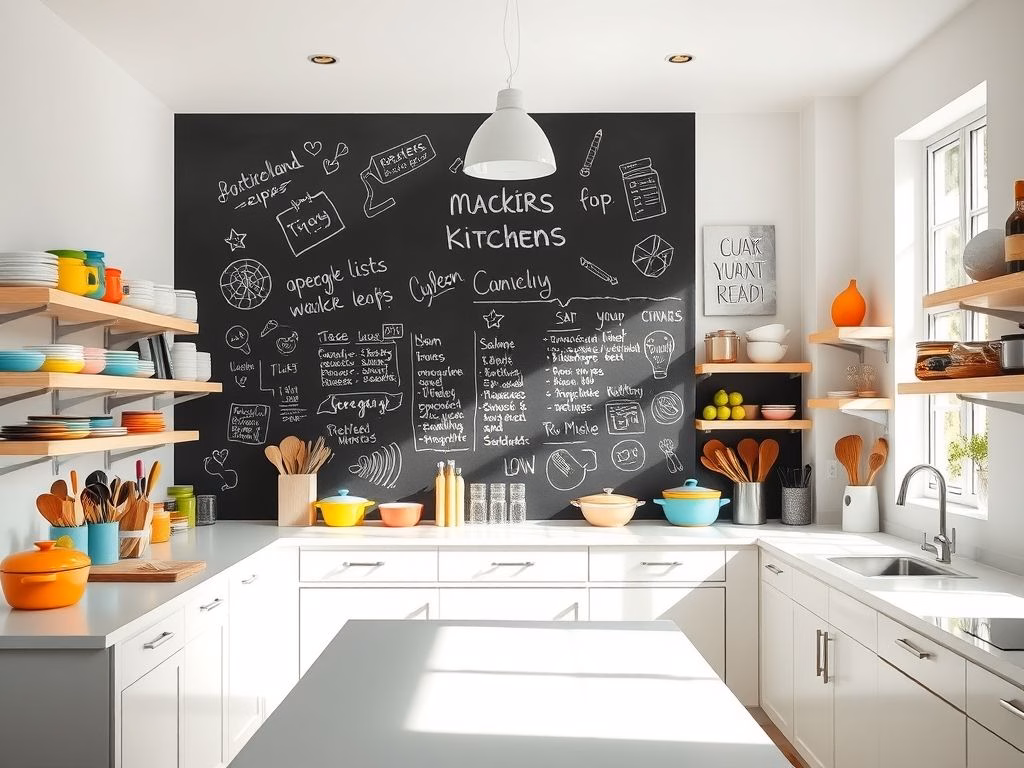 Cozinha clara e arejada com uma parede de lousa contendo receitas escritas à mão, listas de compras e desenhos divertidos.
