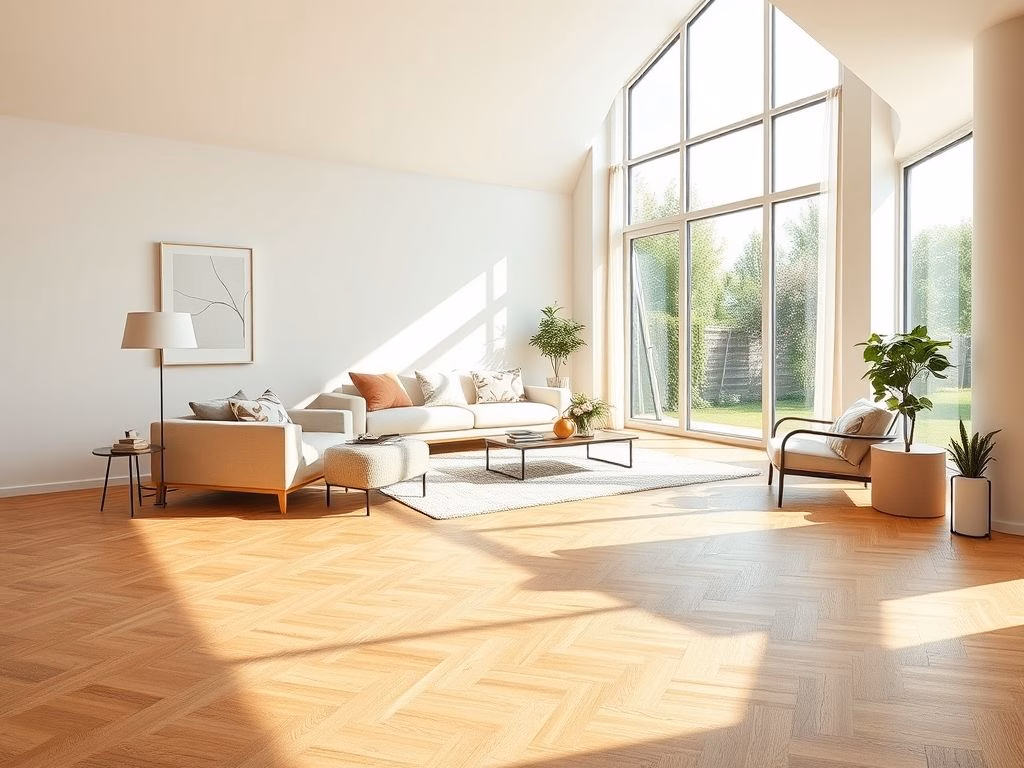 Sala de estar moderna com piso de taco, decoração clean e luz natural.