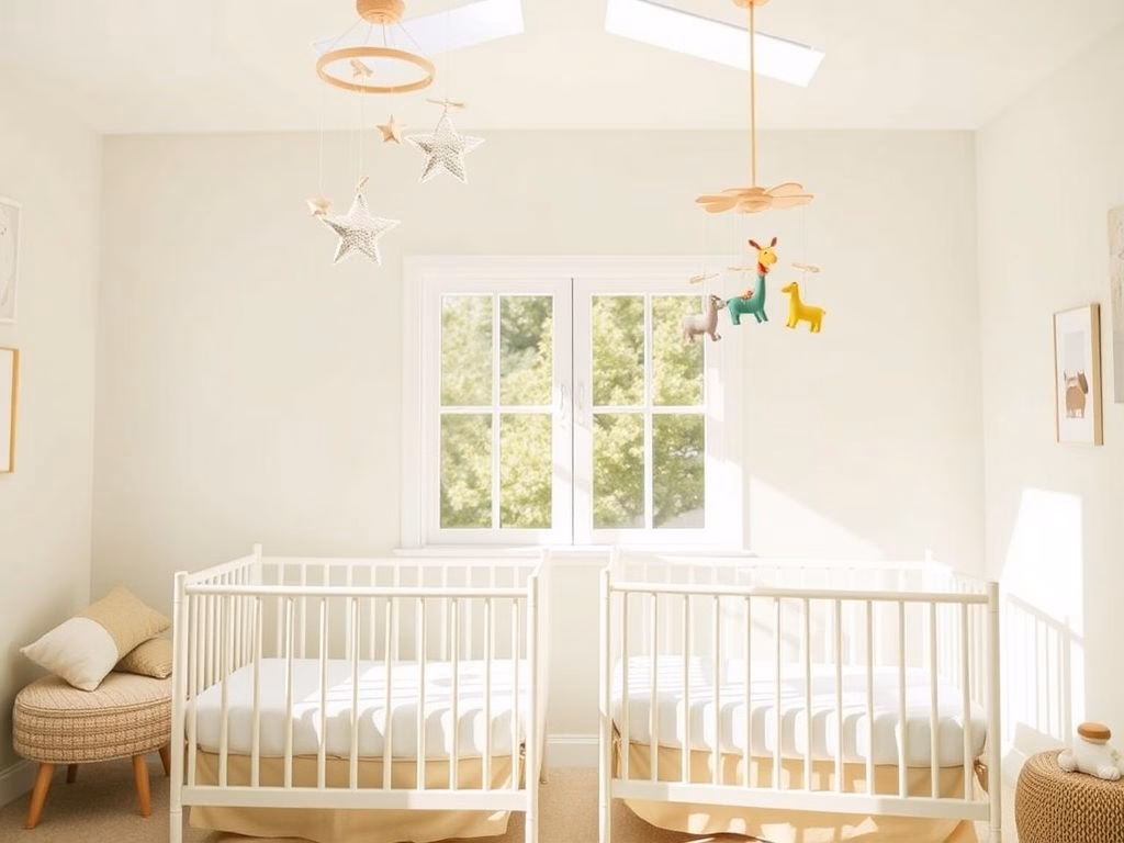 Quarto de gêmeos com dois berços lado a lado, móbiles coloridos e decoração neutra com formas geométricas.