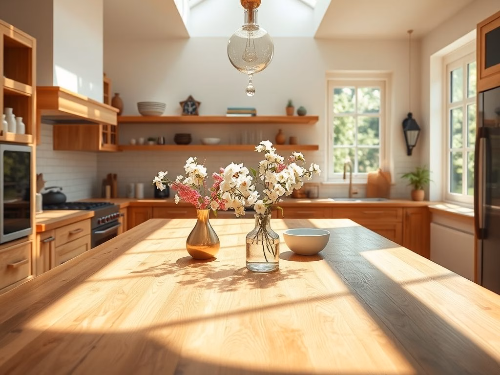 Cozinha moderna e convidativa com uma grande bancada de madeira natural, destacando a beleza e a textura da madeira.