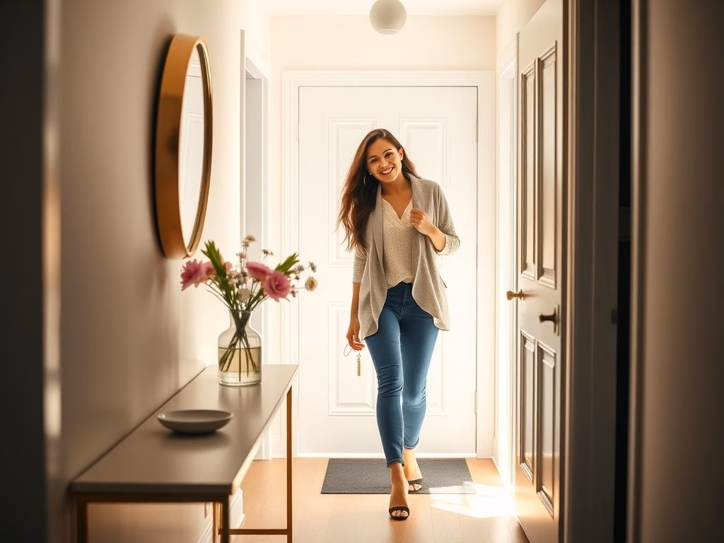 Um hall de entrada pequeno, bem iluminado e convidativo, com uma mulher sorrindo ao entrar.
