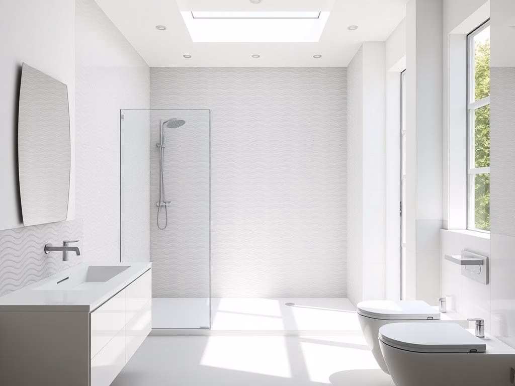 Banheiro moderno com azulejos 3D cinza claro na parede do chuveiro.