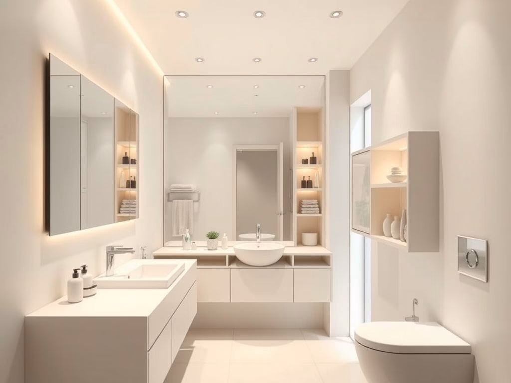 Design de banheiro pequeno e moderno com móveis planejados e cores claras para otimizar o espaço.