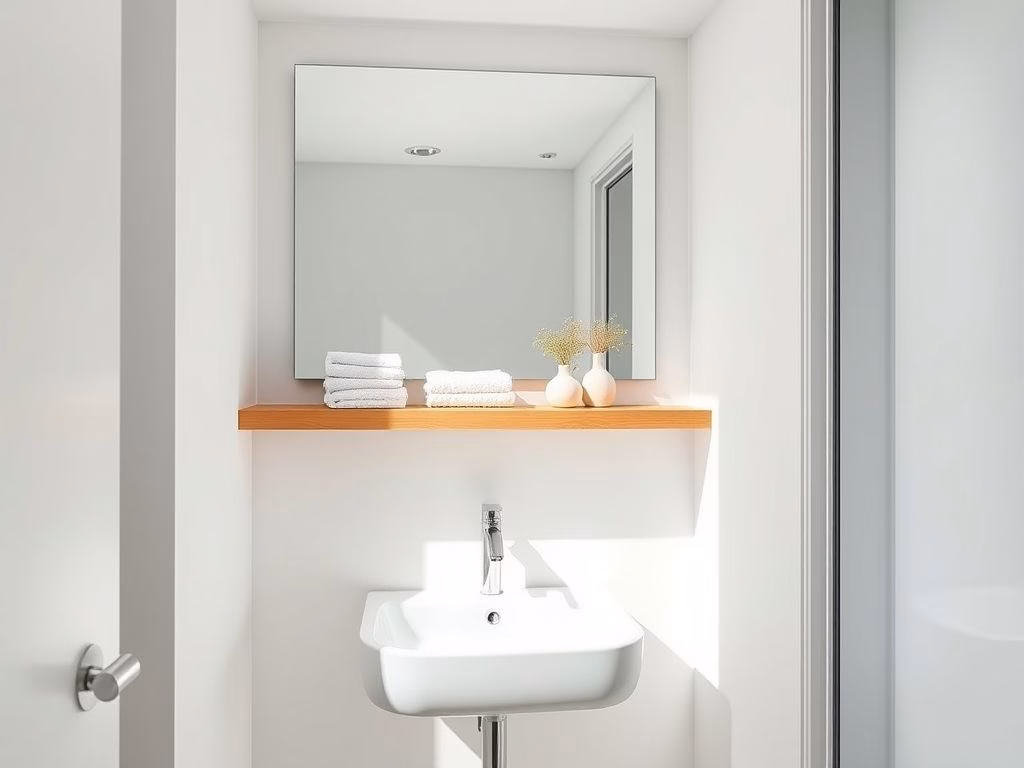 Banheiro pequeno e moderno com paredes cinza claro, móveis brancos minimalistas, espelho grande acima da pia, prateleira de madeira com toalhas e plantas, e iluminação natural.