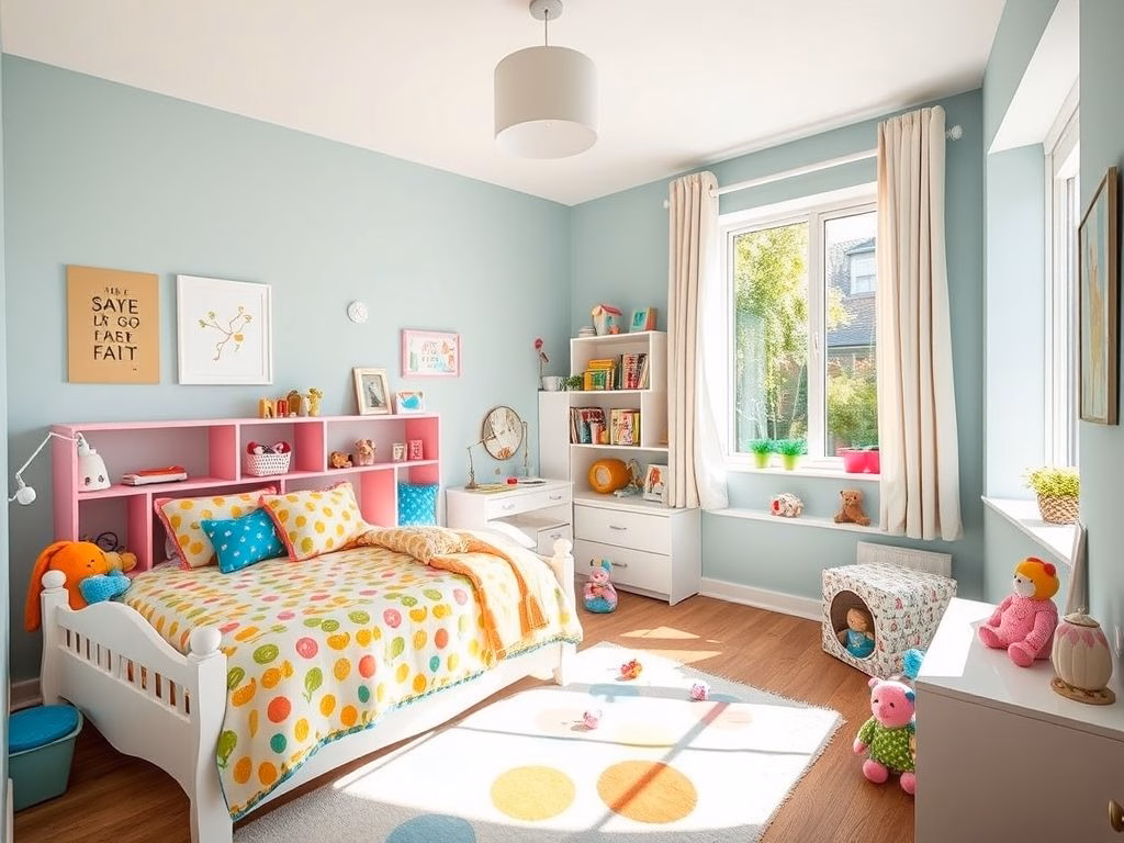 Quarto infantil decorado com cores vibrantes, cama confortável e área de brinquedos ensolarada.