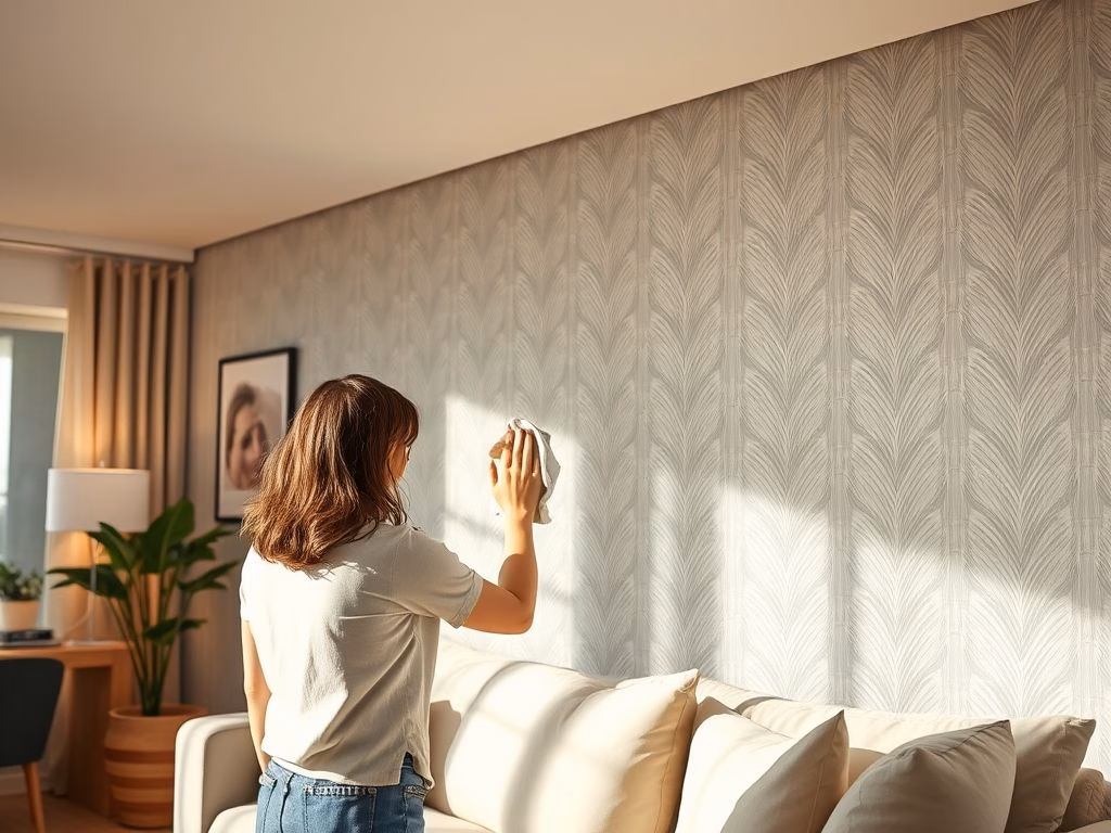 Sala de estar com papel de parede lavável moderno sendo limpo facilmente com um pano úmido.