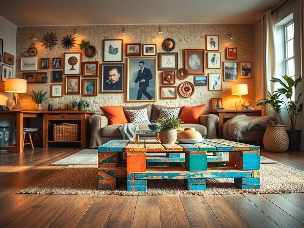 Sala de estar aconchegante com decoração DIY, incluindo mesa de centro feita com paletes, quadros com flores prensadas e luminárias de barbante em potes de vidro.