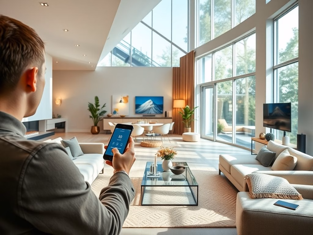 Sala de estar moderna com iluminação inteligente e pessoa controlando dispositivos pelo celular.