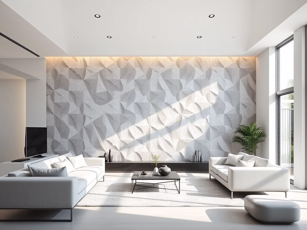 Sala de estar moderna com papel de parede 3D geométrico cinza e branco, criando uma ilusão de profundidade.