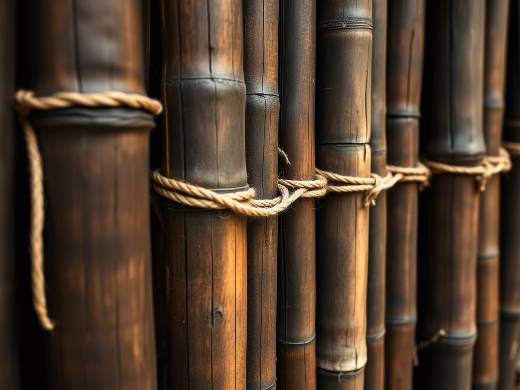 Detalhe de uma cerca de bambu com postes grossos e escuros amarrados com corda de fibra natural.