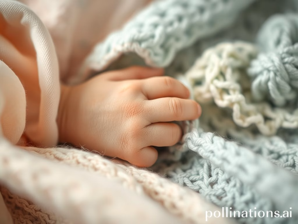 Detalhe da mão de um bebê tocando tecidos macios e texturizados em tons pastel.