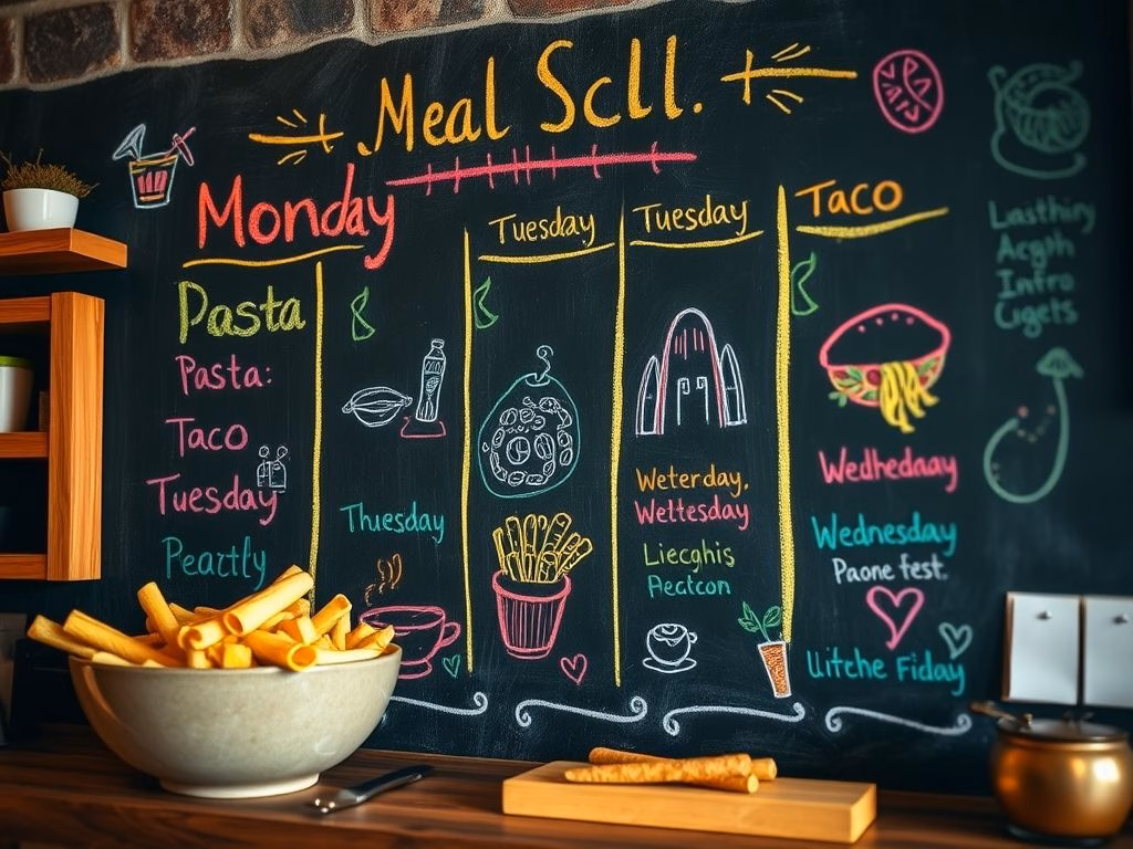 Detalhe de uma parede de lousa na cozinha com um cardápio semanal escrito com giz colorido.