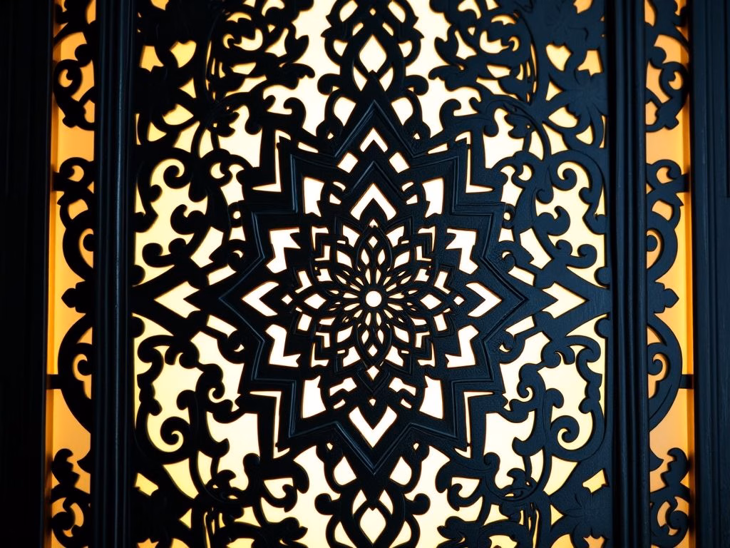 Detalhe de um painel de muxarabi feito de metal escuro com um design complexo de inspiração islâmica, iluminado por trás para destacar os detalhes.