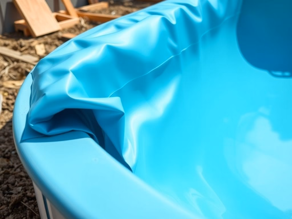 Detalhe da instalação de um revestimento de vinil em uma piscina, mostrando a versatilidade e facilidade de instalação.