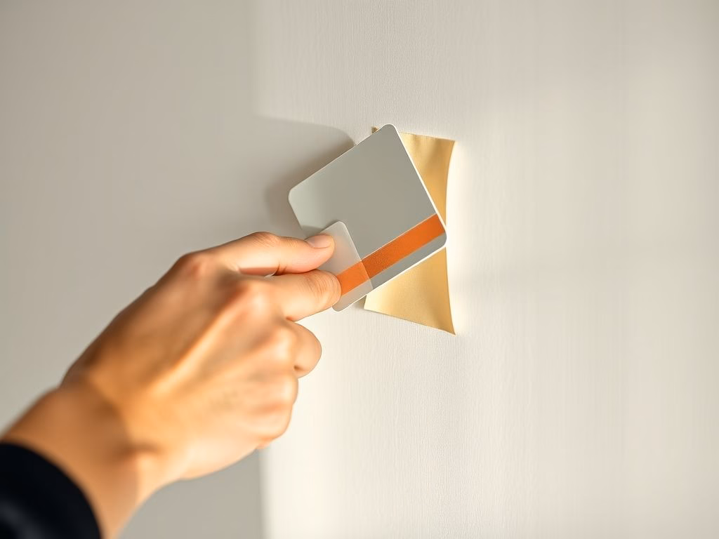 Aplicação de papel de parede lavável em uma parede, mostrando o processo de colagem e alisamento com uma espátula.